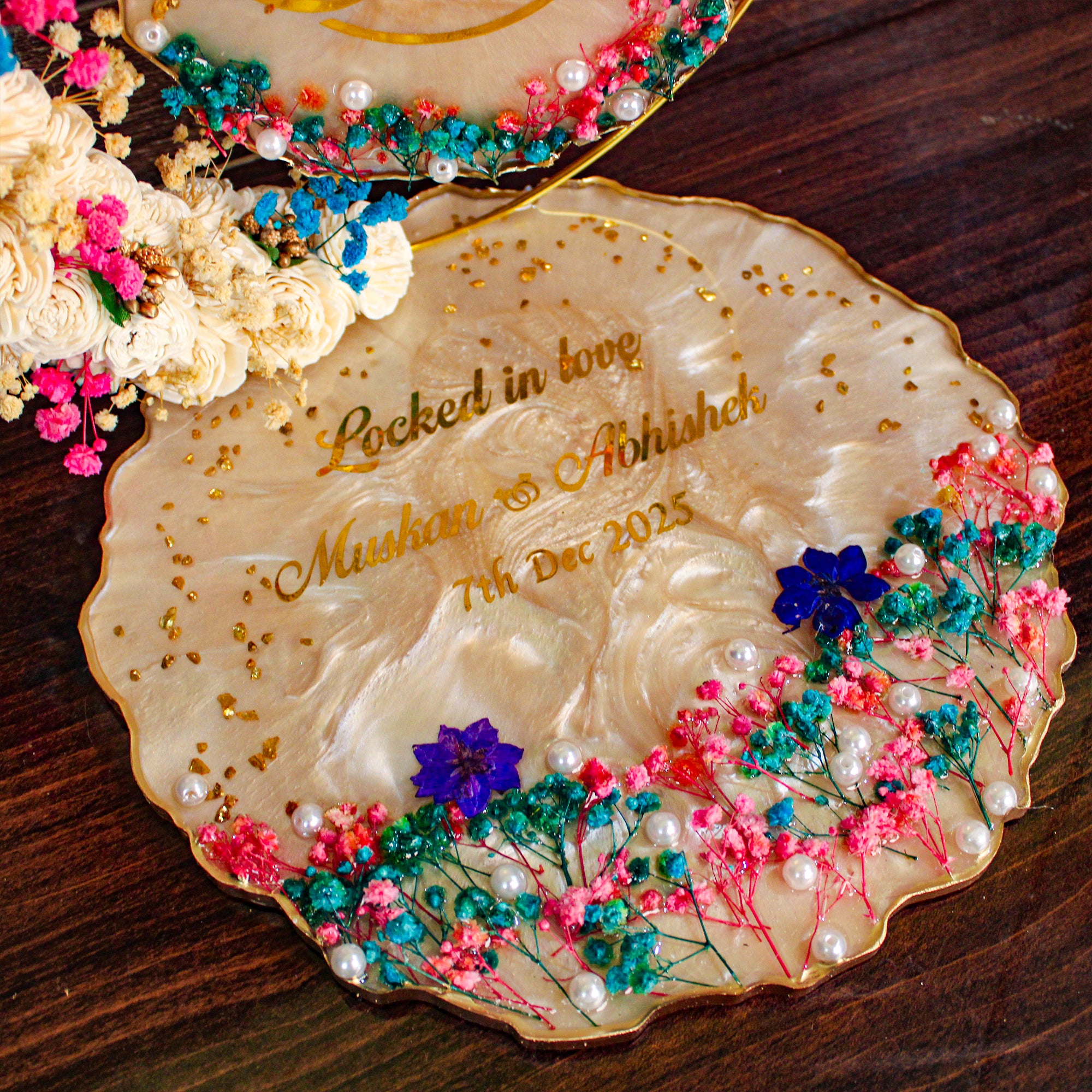 Rezica™ Royal Resin (Floral Biege Glow ) Engagement Ring Platter with 2 Premium Ring Boxes and Heavy Flower Hoop