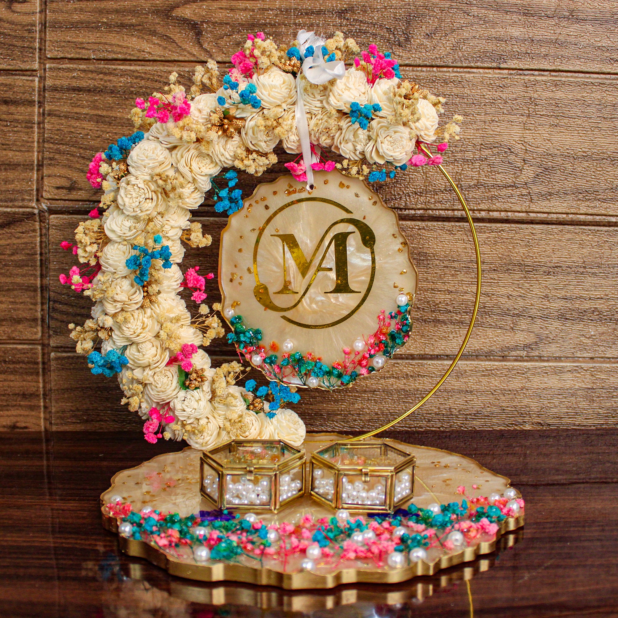 Rezica™ Royal Resin (Floral Biege Glow ) Engagement Ring Platter with 2 Premium Ring Boxes and Heavy Flower Hoop