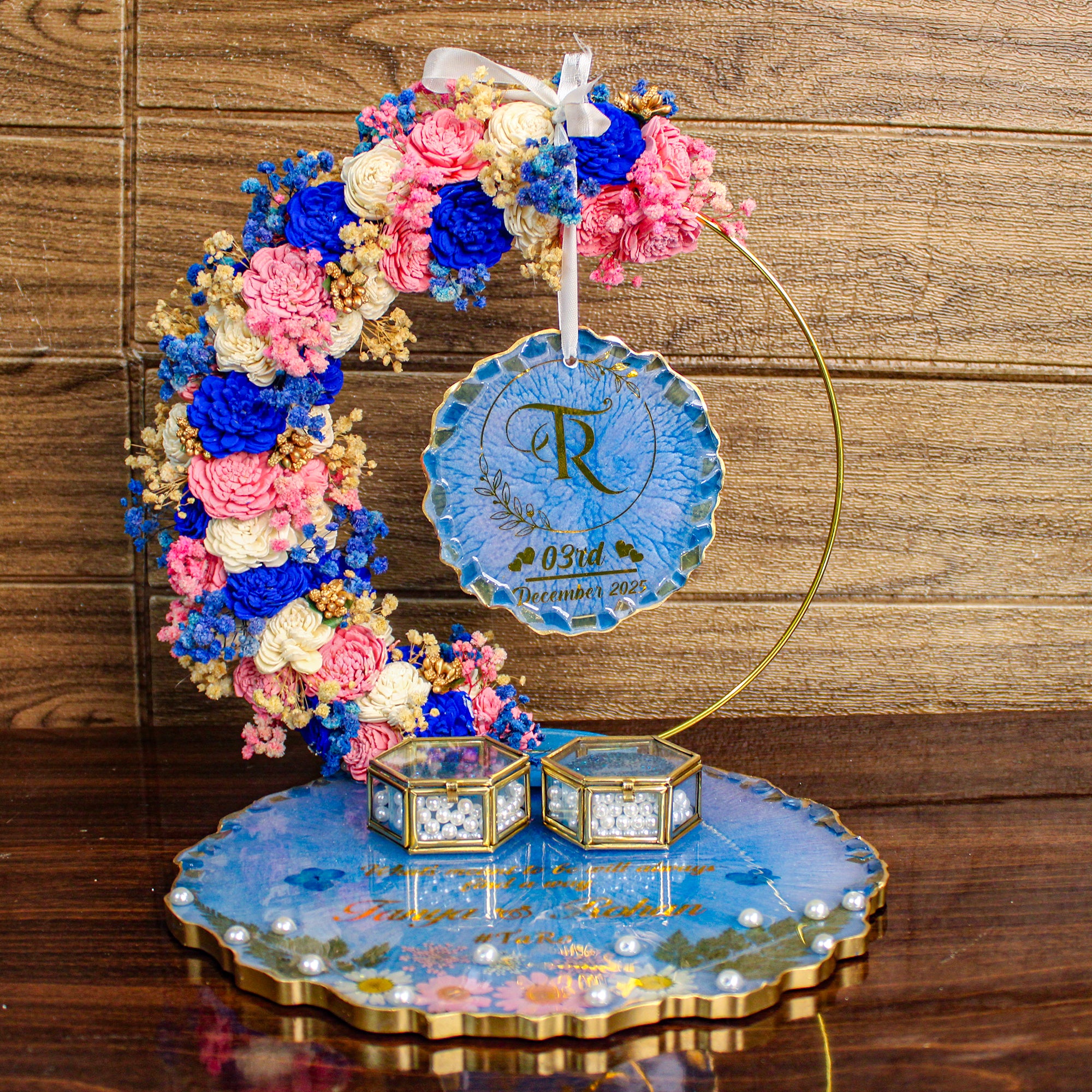 Rezica™ Royal Resin (Blush & navy Blossom) Engagement Ring Platter with 2 Premium Ring Boxes and Heavy Flower Hoop