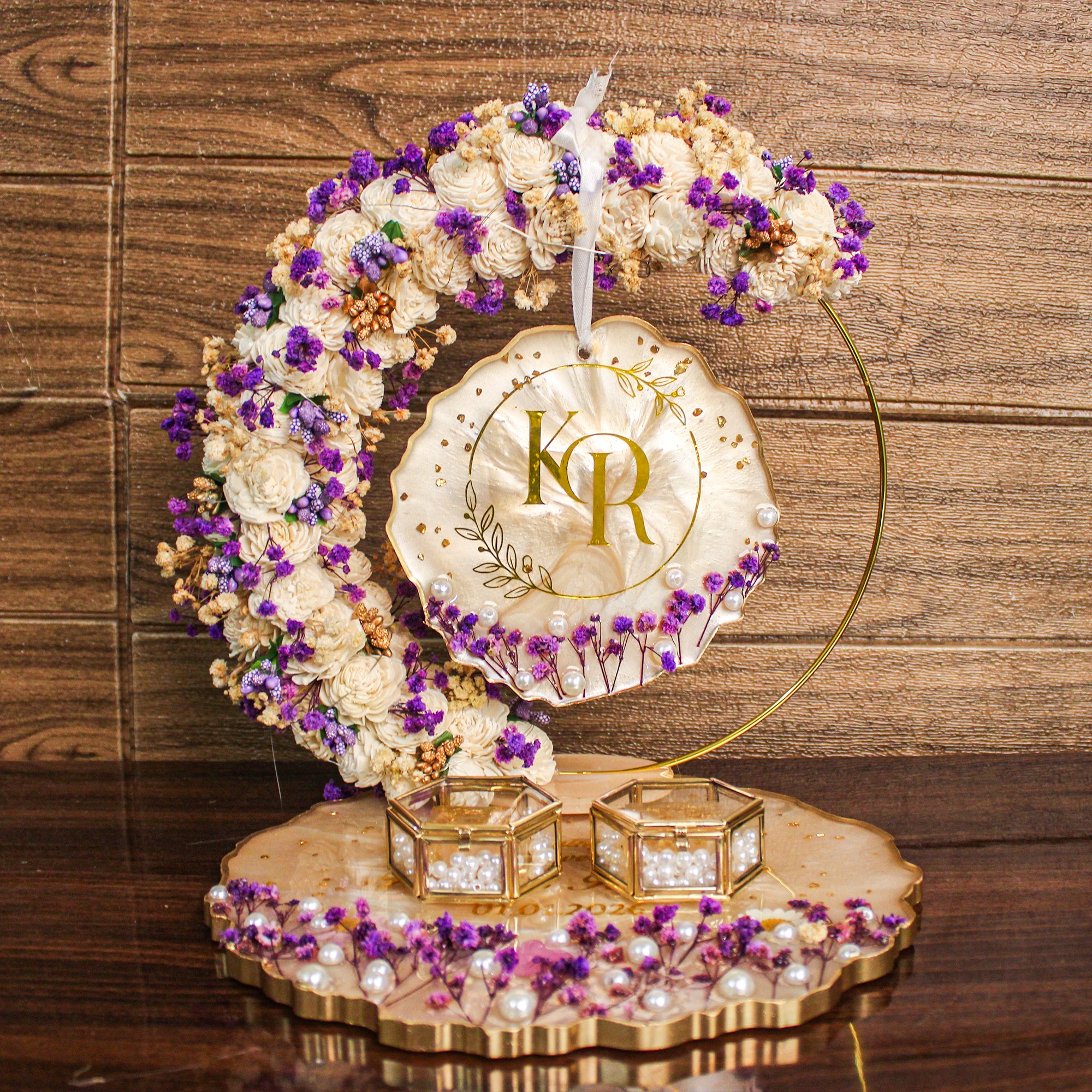 Rezica™ Royal Resin (Purple Sandstone) Engagement Ring Platter with 2 Premium Ring Boxes and Heavy Flower Hoop