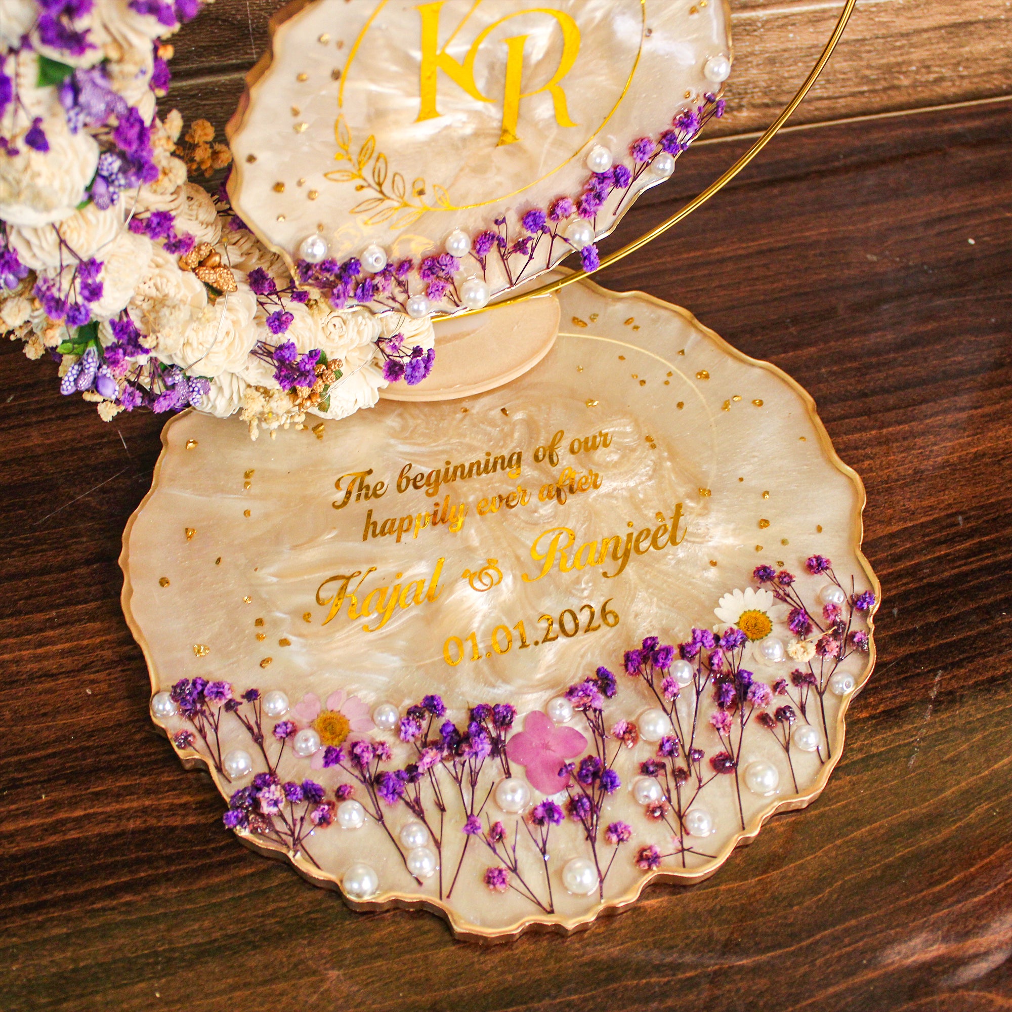 Rezica™ Royal Resin (Purple Sandstone) Engagement Ring Platter with 2 Premium Ring Boxes and Heavy Flower Hoop