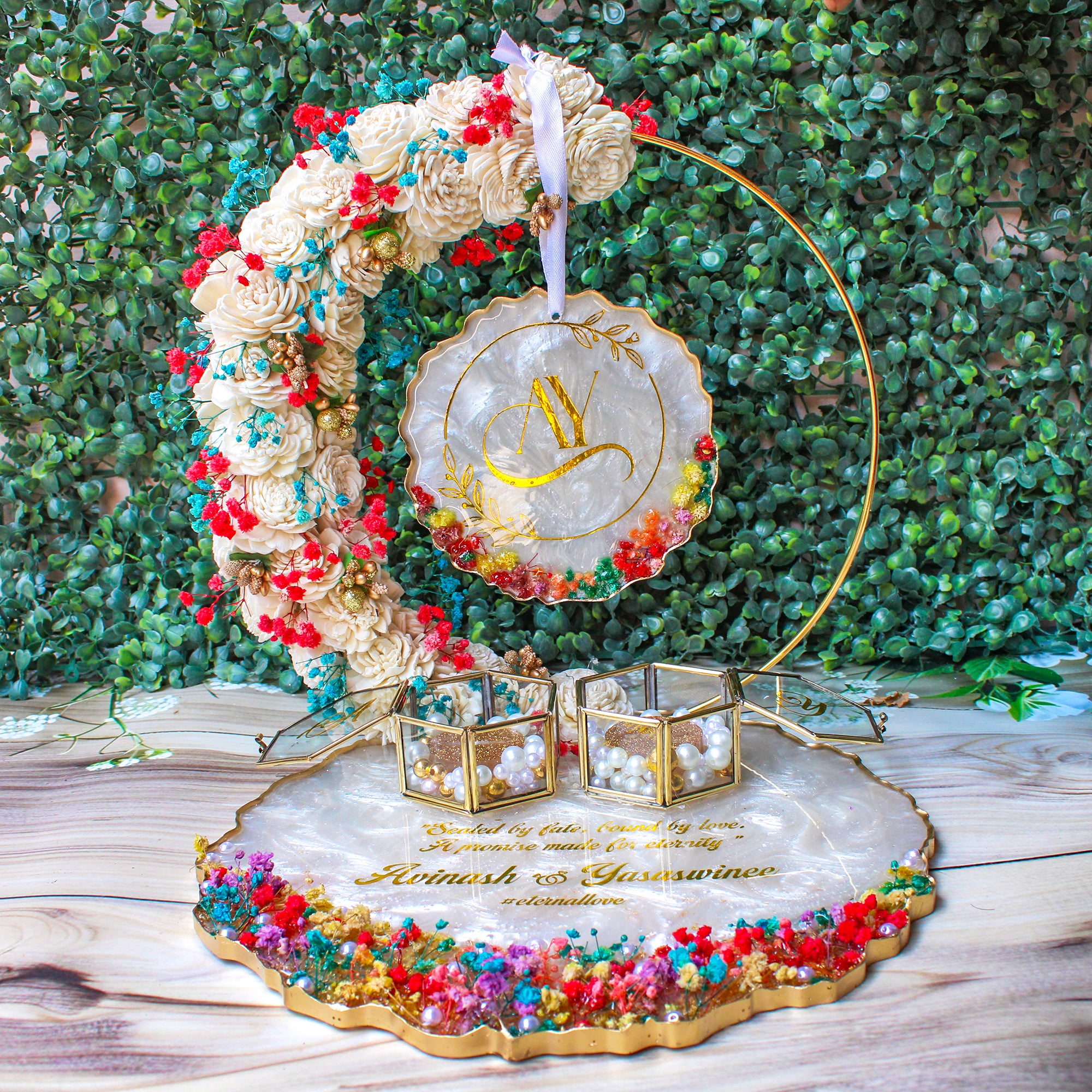 Rezica™ Royal Resin (Red N Blue Multicolor) Engagement Ring Platter with 2 Premium Ring Boxes and Heavy Flower Hoop (10 Inch Base)