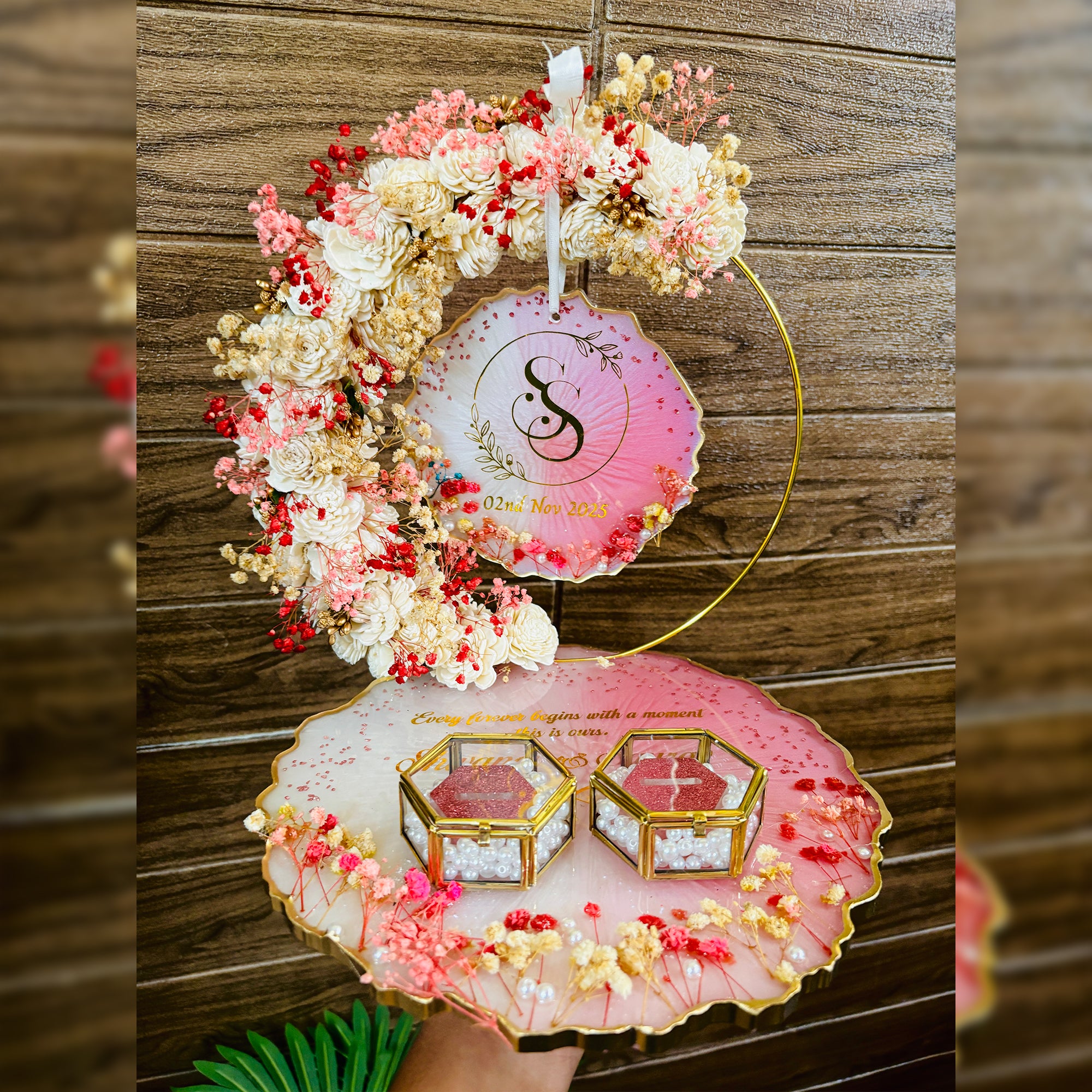 Rezica™ Royal Resin (Three Tone Symphony) Engagement Ring Platter with 2 Premium Ring Boxes and Heavy Flower Hoop