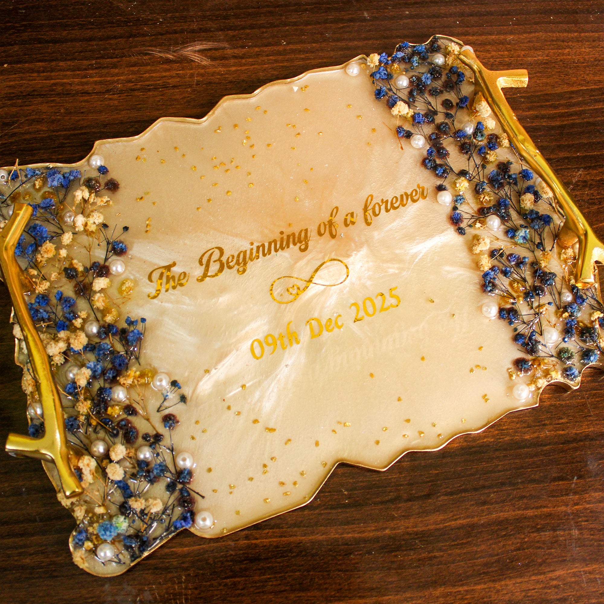 Rezica™ Royal Resin (Navy Aura) Engagement Ring Platter with 2 Premium Ring Boxes and Heavy Flower Hoop (9/12 Inches base)