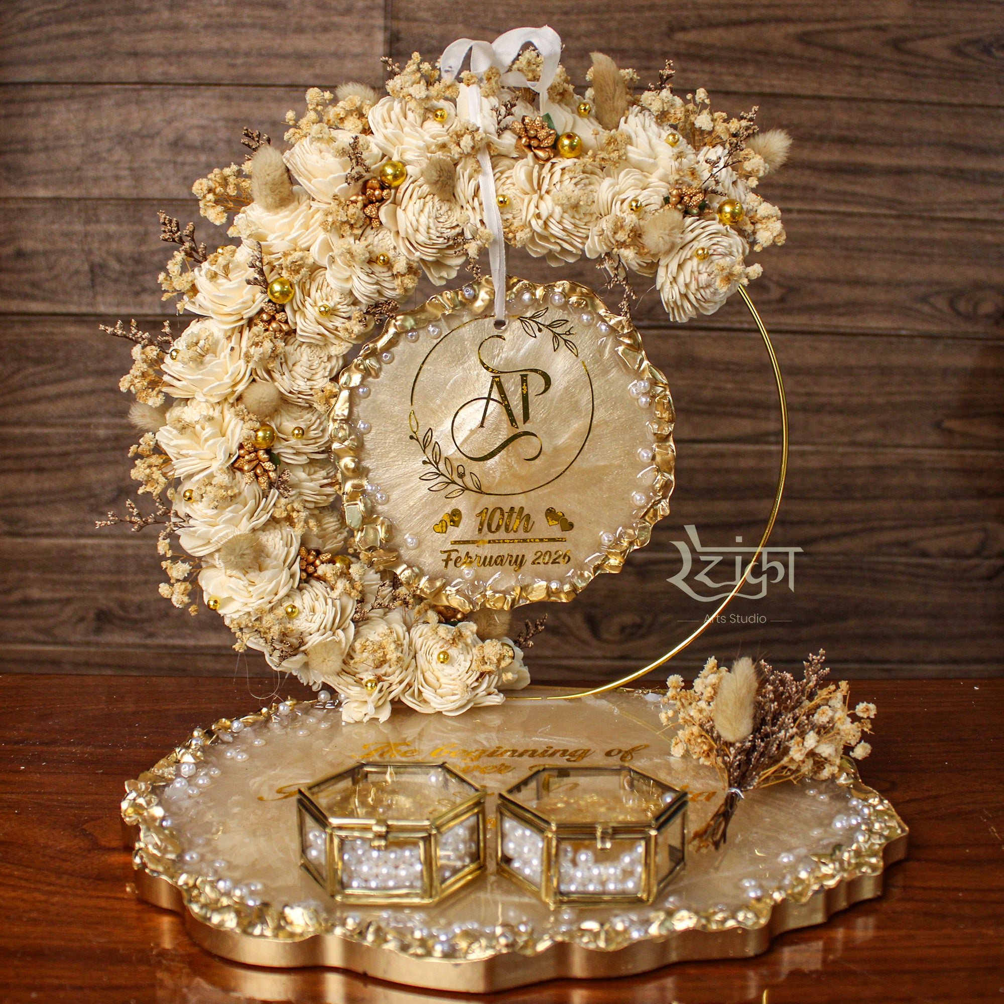 Rezica™ Royal Resin (Royal Fairy Whisper) Engagement Ring Platter with 2 Premium Ring Boxes and Heavy Flower Hoop