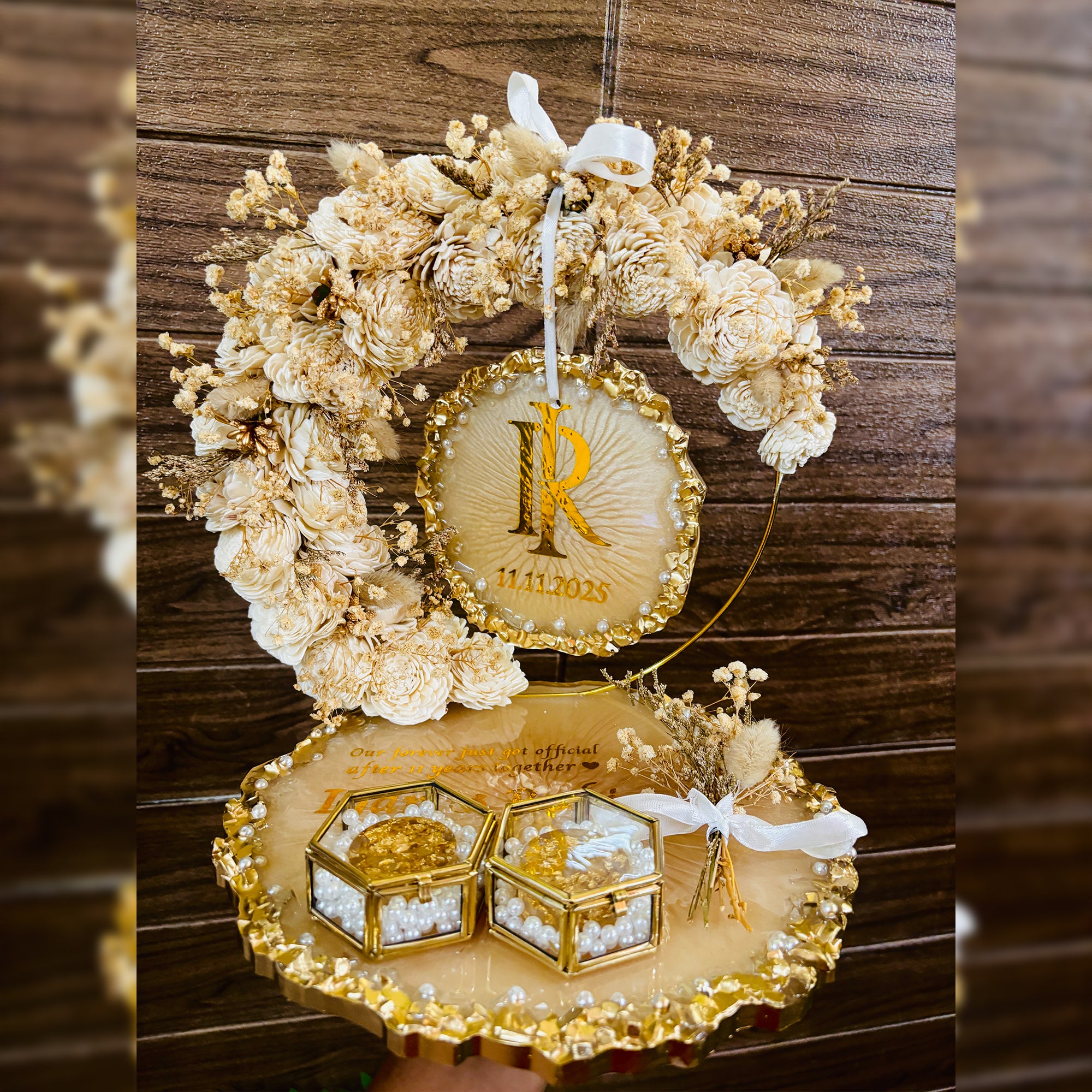Rezica™ Royal Resin (Royal Fairy Whisper) Engagement Ring Platter with 2 Premium Ring Boxes and Heavy Flower Hoop