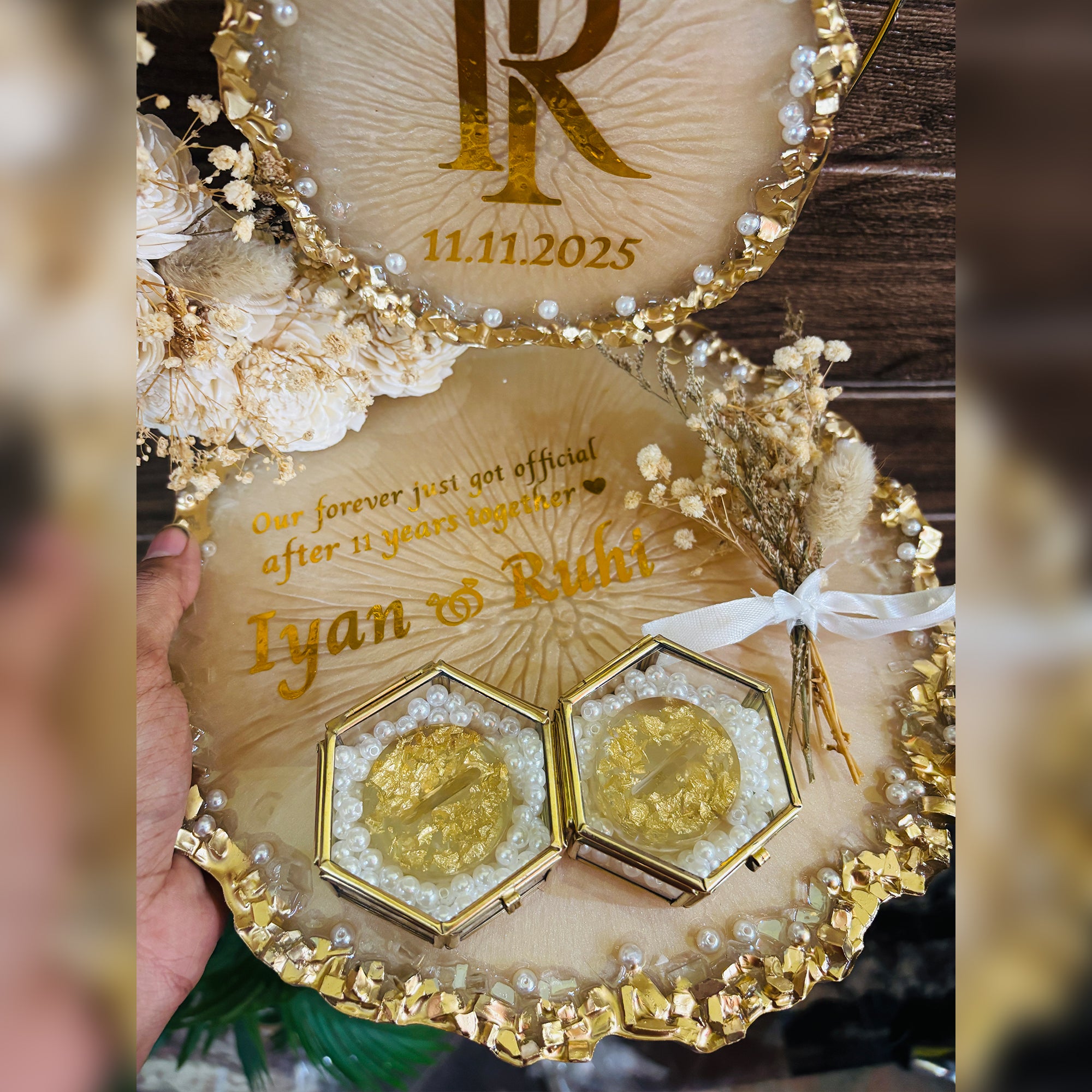 Rezica™ Royal Resin (Royal Fairy Whisper) Engagement Ring Platter with 2 Premium Ring Boxes and Heavy Flower Hoop