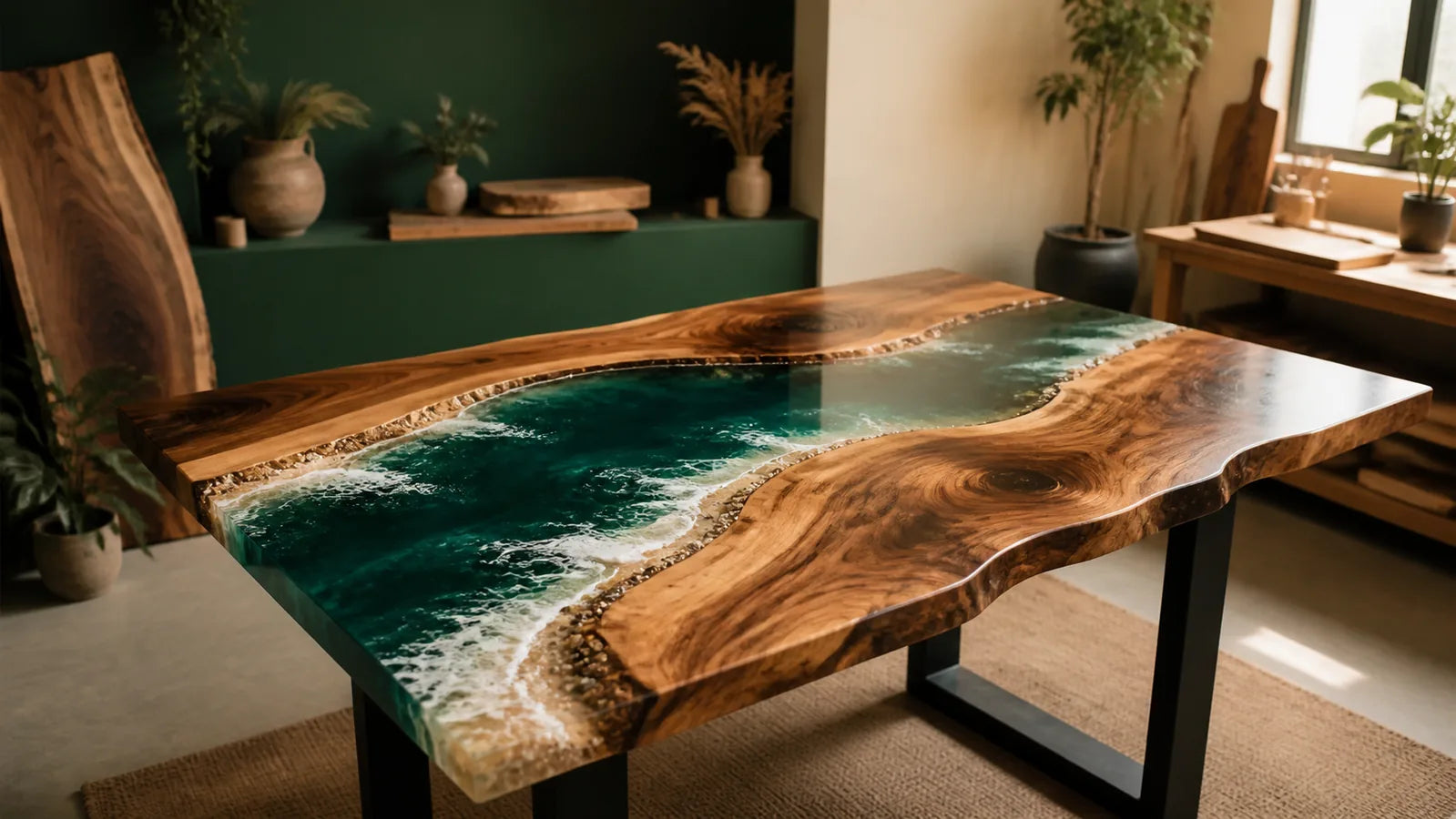 Premium epoxy resin tabletop with ocean wave design in a studio